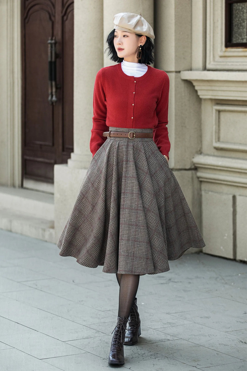 Plaid Wool Midi Skirt – Vintage High Waist Pleated Circle Skirt 5306
