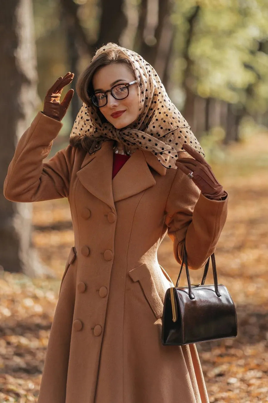Camel Wool Coat - Double Breasted Fit and Flare Midi Coat 3261