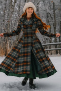 Rust Brown & Forest Green Plaid Wool Coat – Vintage Fit and Flare Winter Overcoat 4839