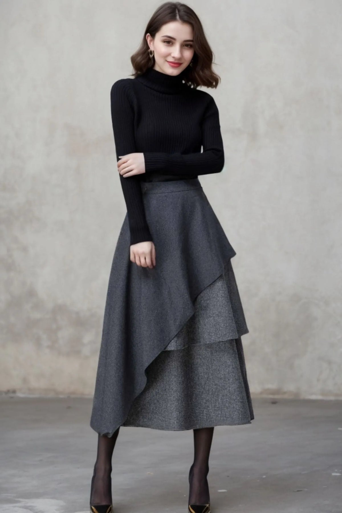 Gray Wool Layered Midi Skirt - Asymmetric Elegant Winter Wear 5409