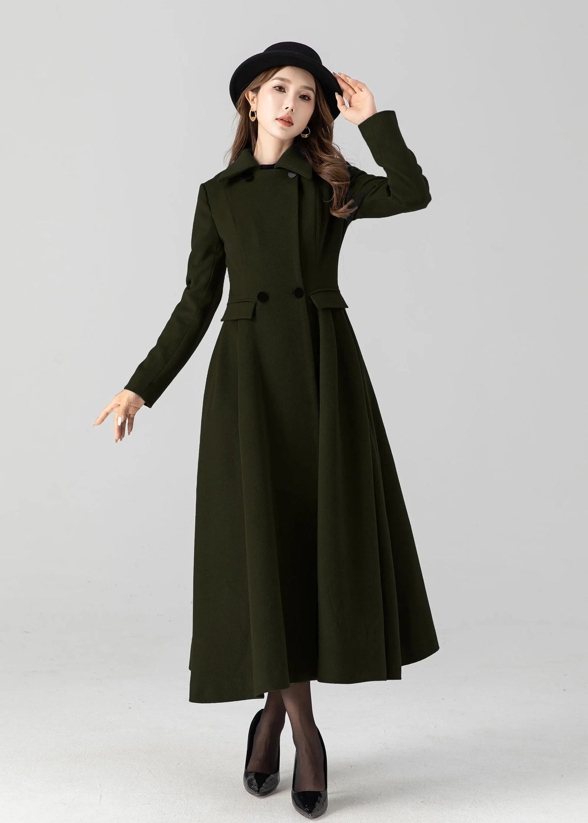Army Green Wool Long Coat - Vintage Inspired A-Line Swing 5505