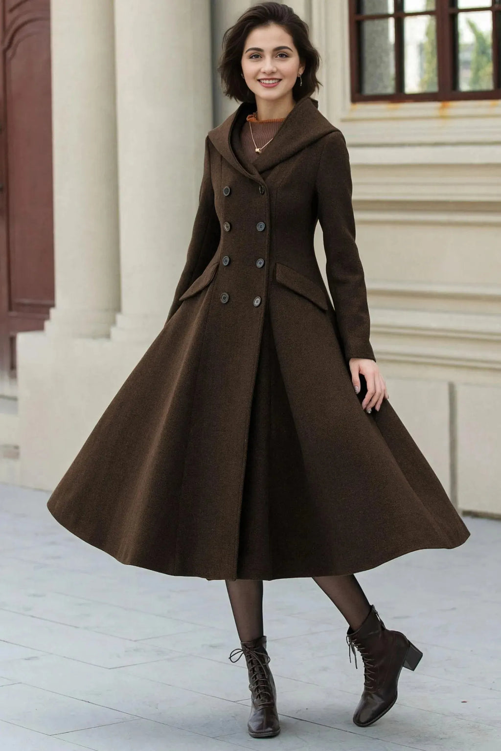 Army Green Wool A-Line Maxi Coat with Hood - Vintage Inspired Swing Fit 6385