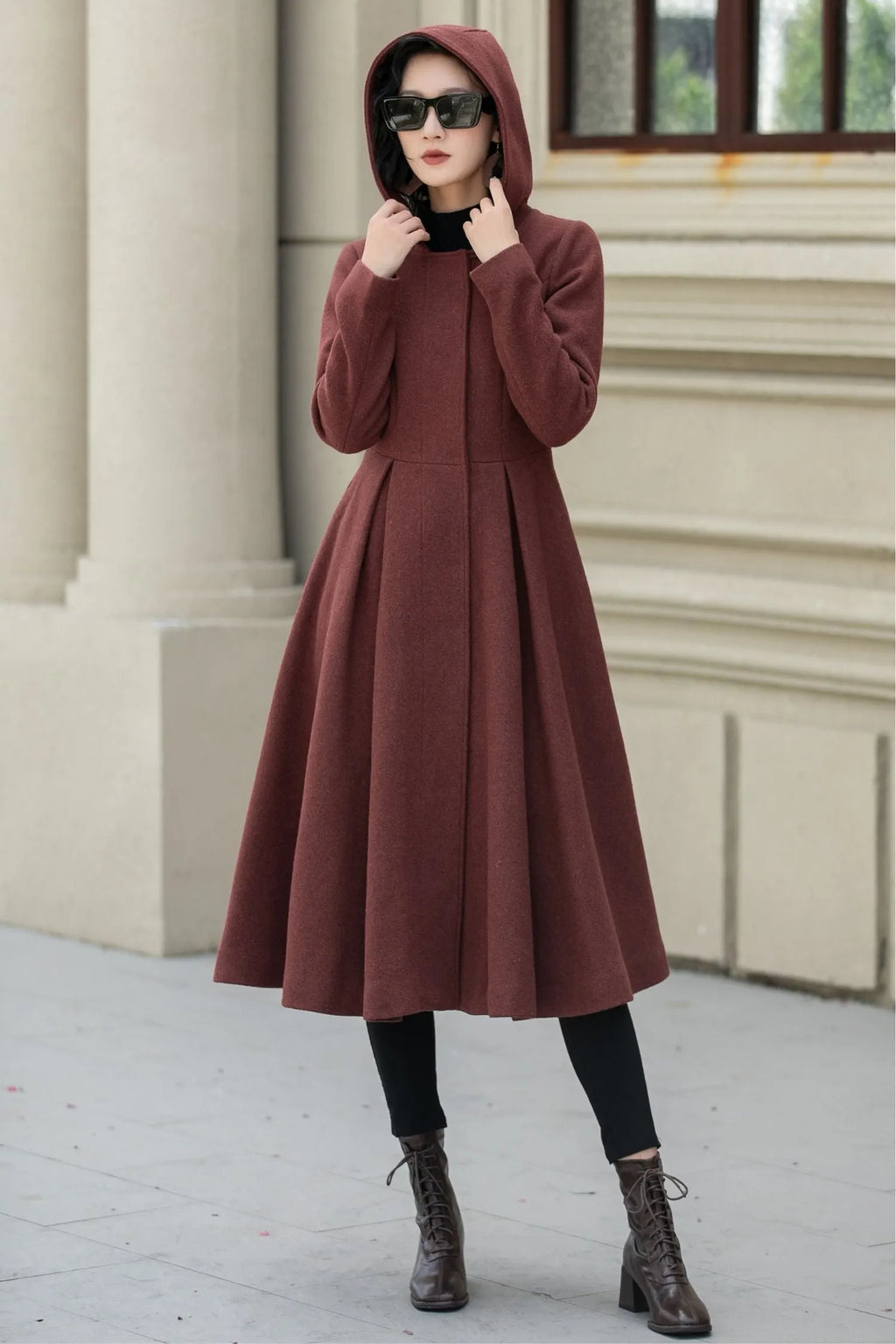 Rust Wool A Line Winter Coat - Hooded Swing Silhouette 5347