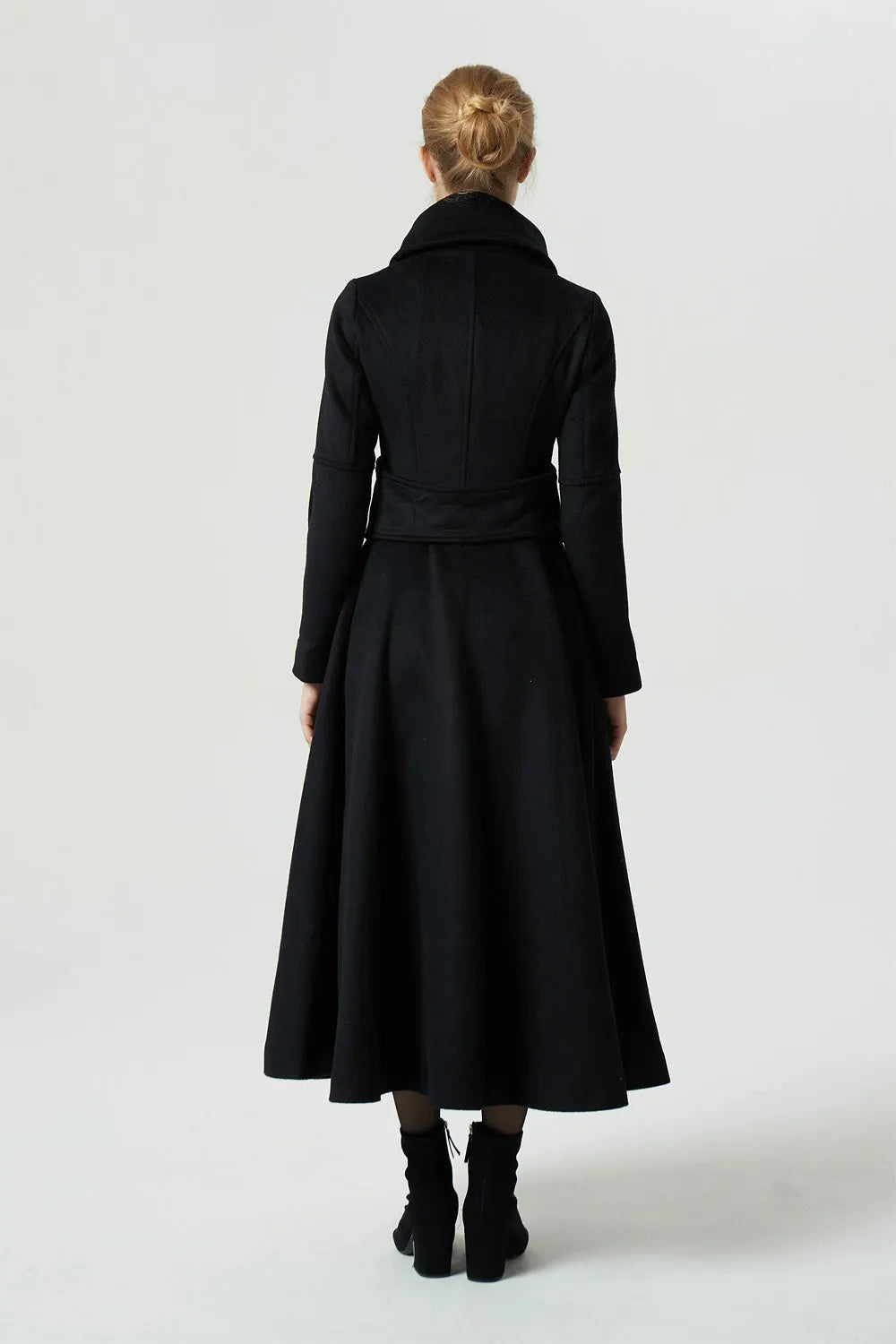 Black Wool Military Long Coat - Oversized Collar with Silver Buttons 1972