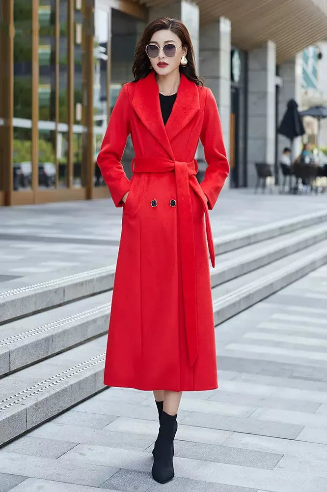 Red Wool Coat – Handmade Long Double Breasted Belted Winter Overcoat for Women 3975