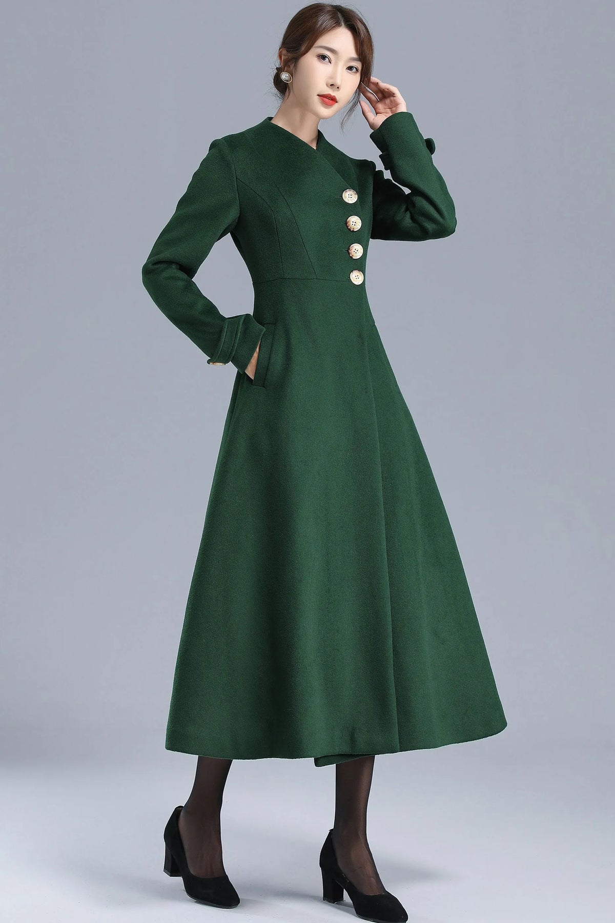 Emerald Green Wool Blend Trench Coat - Fit and Flare Silhouette 3207