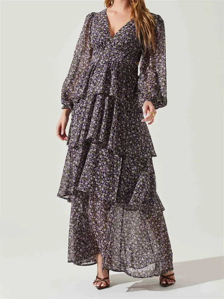 Women High Split Floral Print Puff Sleeve V Neck Layered Ruffles Hem Spring Fall Vestidos