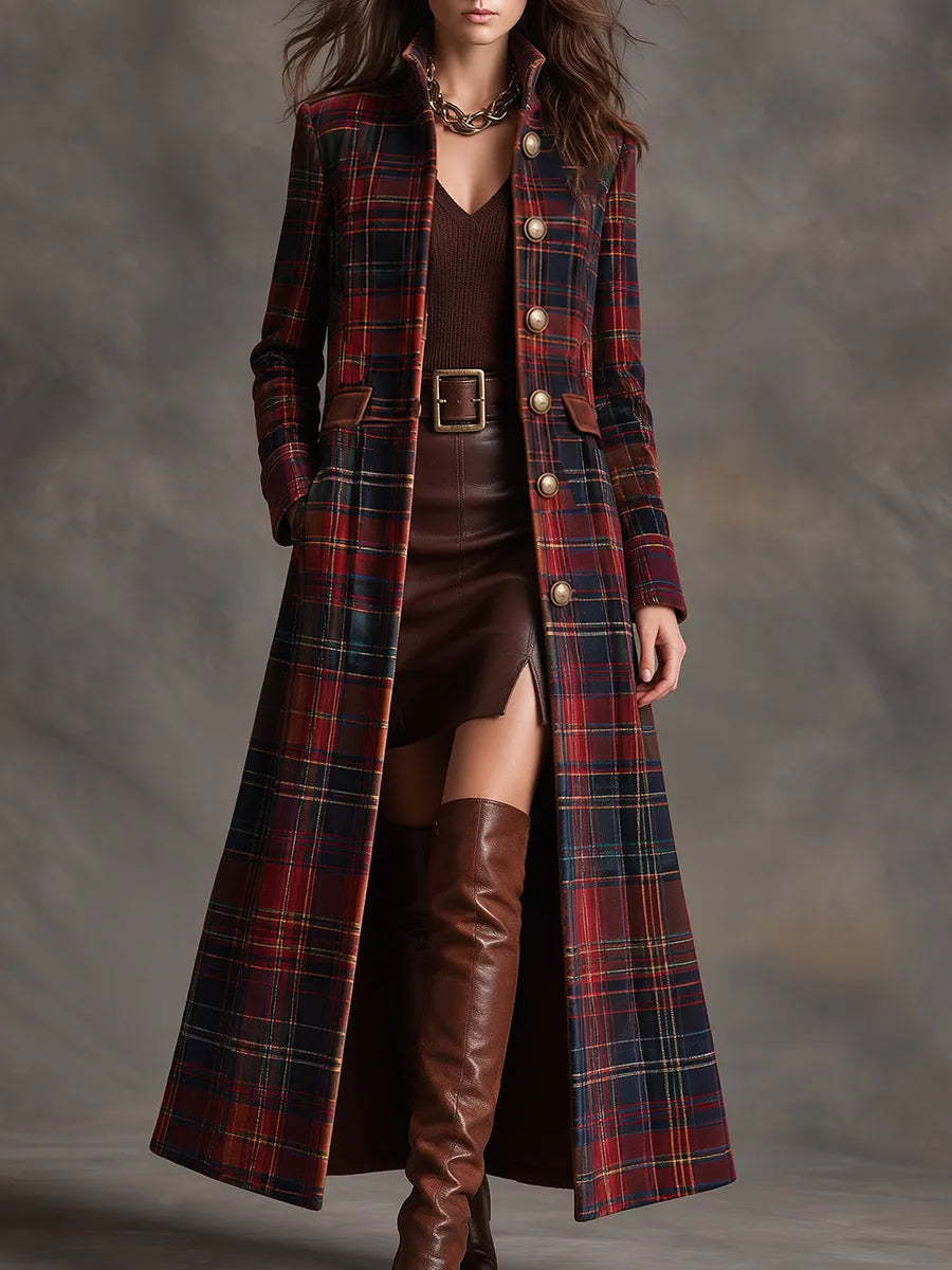 Women's Tartan Plaid Military Style Long Velvet Coat