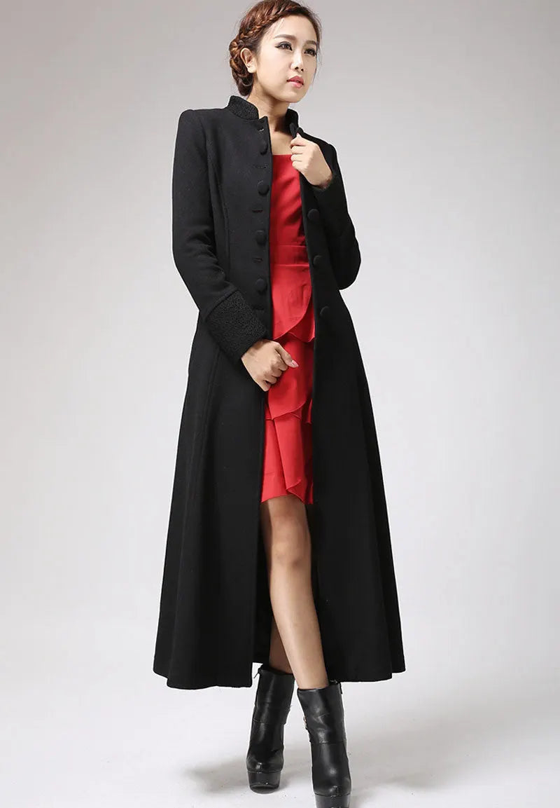 Handmade Black Wool Maxi Coat – Elegant Mandarin Collar Winter Overcoat with Belt 