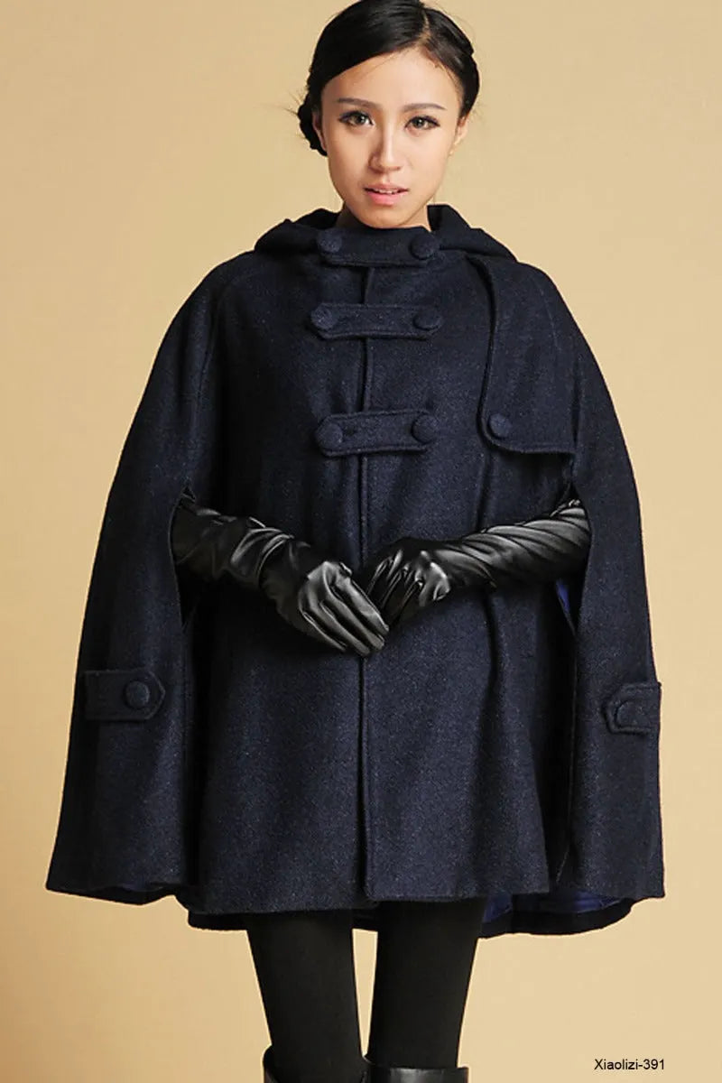 Handmade Wool Cape in Navy – Women’s Oversized Hooded Coat 0391