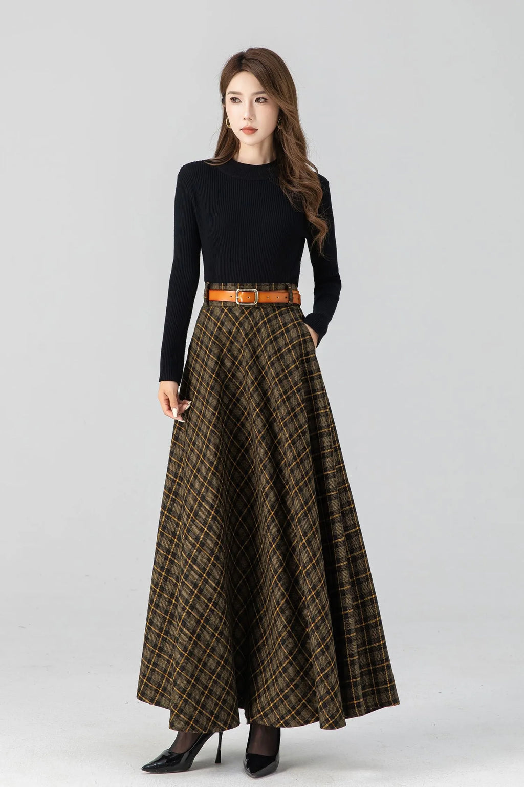 Handmade Brown Plaid Wool Maxi Skirt – High Waist Pleated Winter Long Skirt 