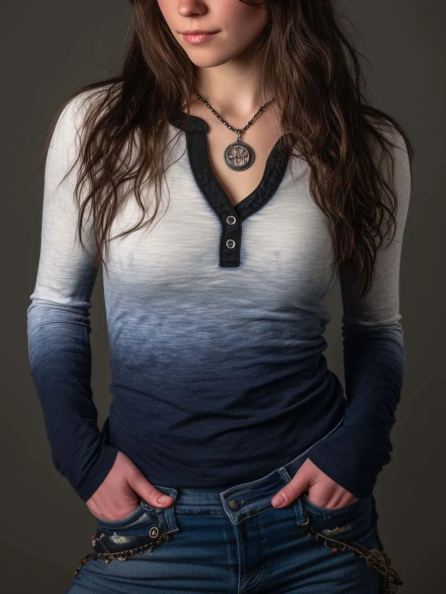 Western Indigo Gradient Henley Shirt