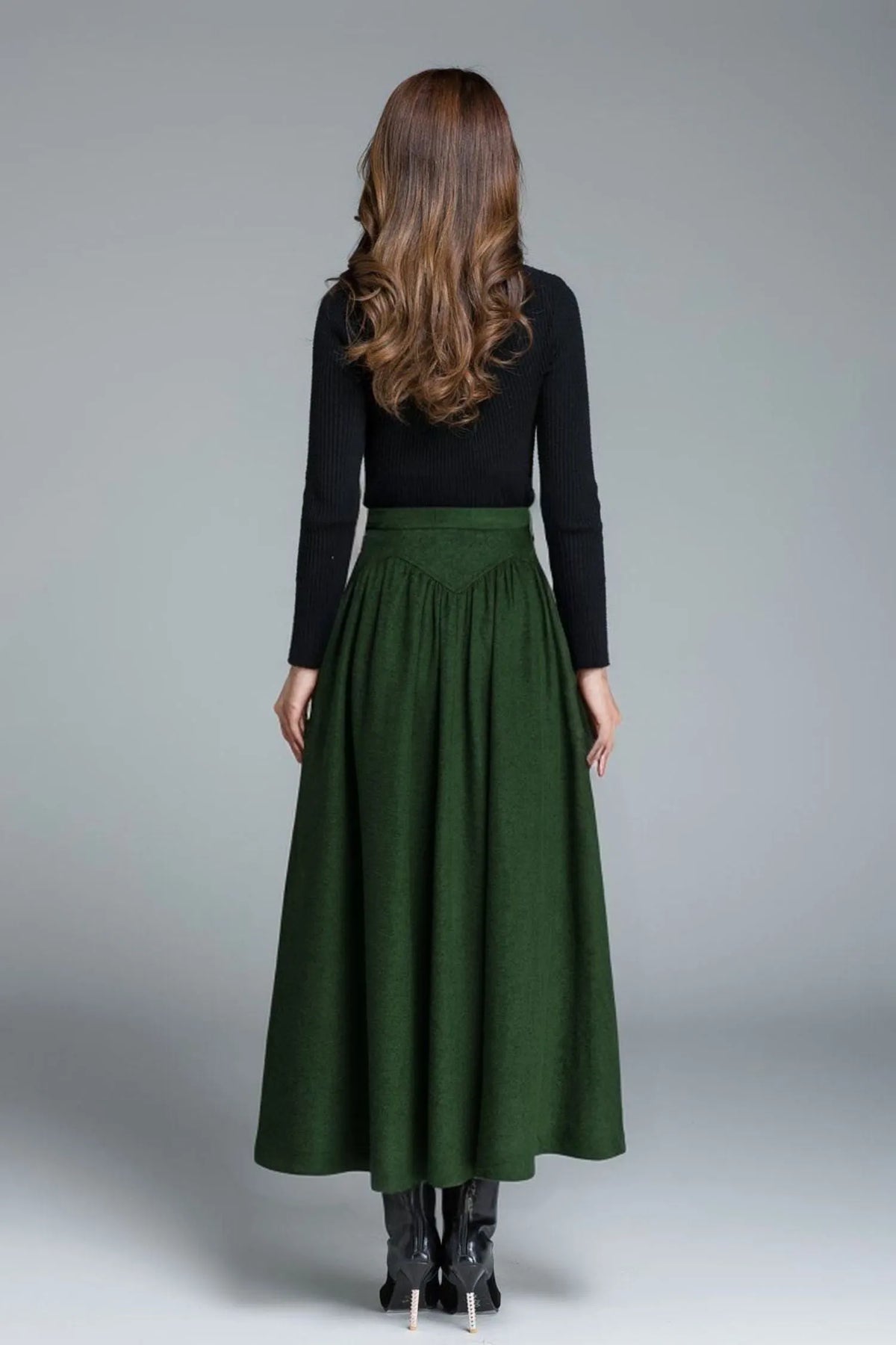 Green Wool Blend Maxi Skirt – Handmade Vintage High Waist Pleated Winter Elegance 5228