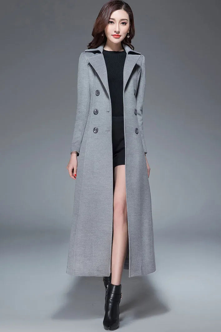 Handmade Light Gray Wool Coat – Elegant Double-Breasted Belted Long Overcoat 
