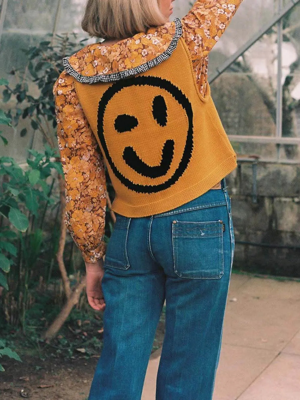 Happy Face Knit Unique Pattern Versatile Loose Tank Top