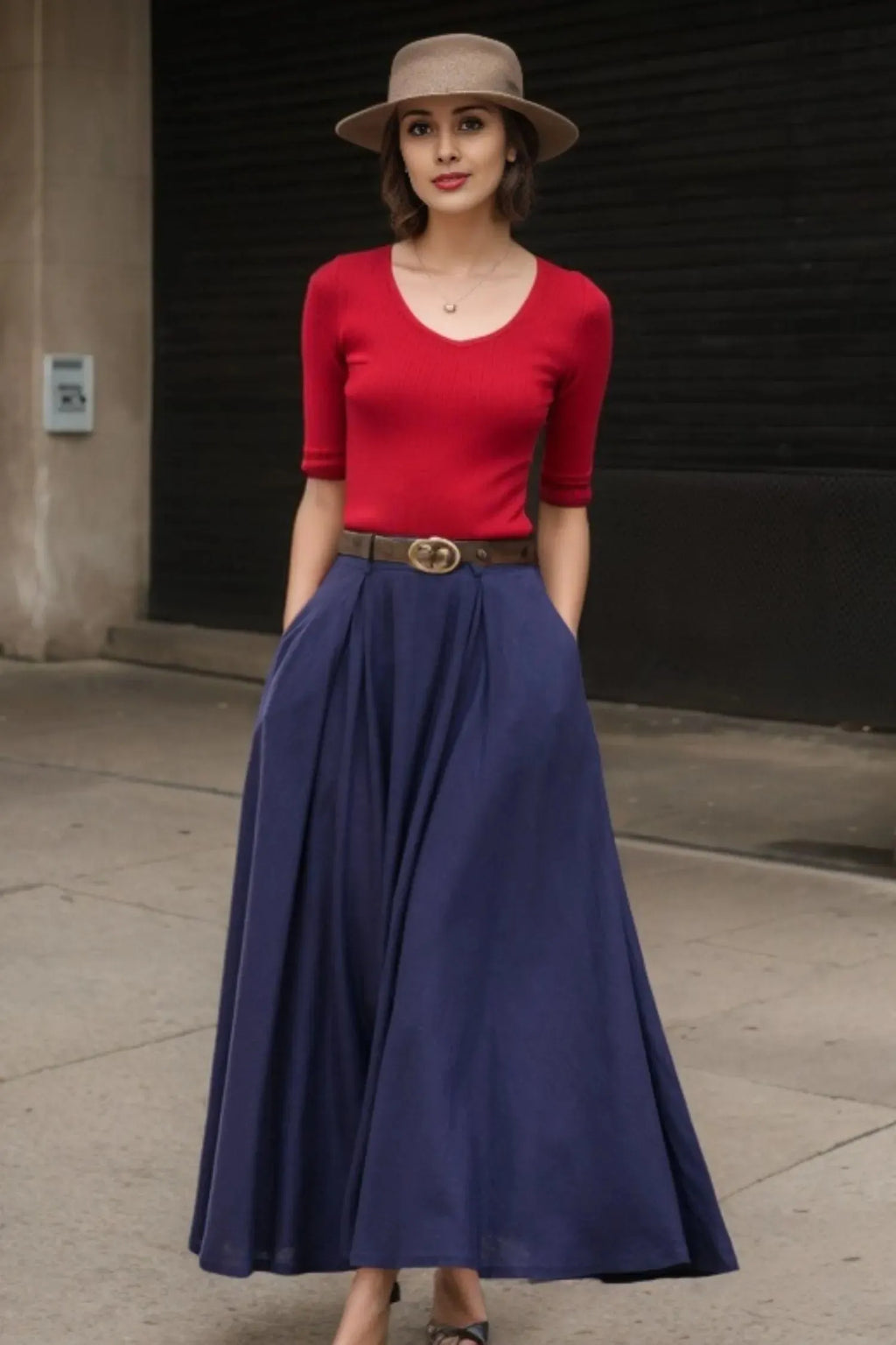Red Cotton Linen Maxi Skirt - High-Waisted Pleated A-Line Swing 5516