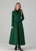 Emerald Wool Long Coat - Flared Silhouette with Classic Collar 5435