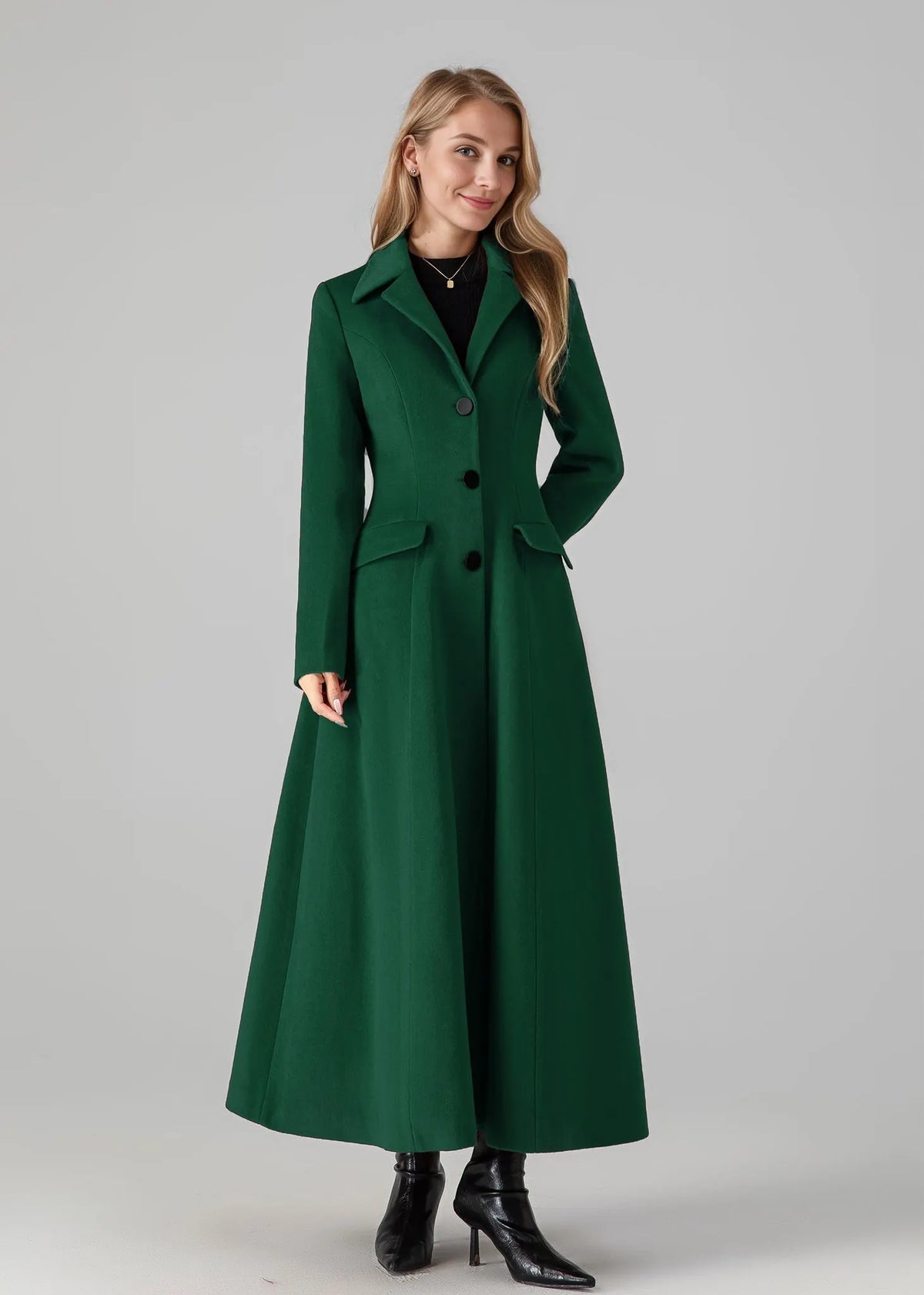 Emerald Wool Long Coat - Flared Silhouette with Classic Collar 5435
