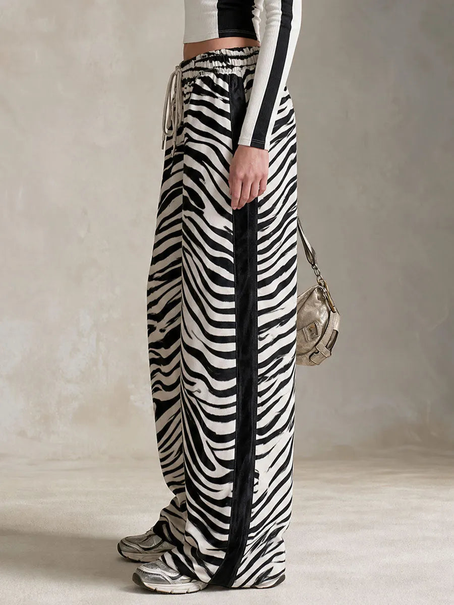 Casual Retro Black And White Color-Blocked Zebra Print Cotton Faux Suede Trim Pants