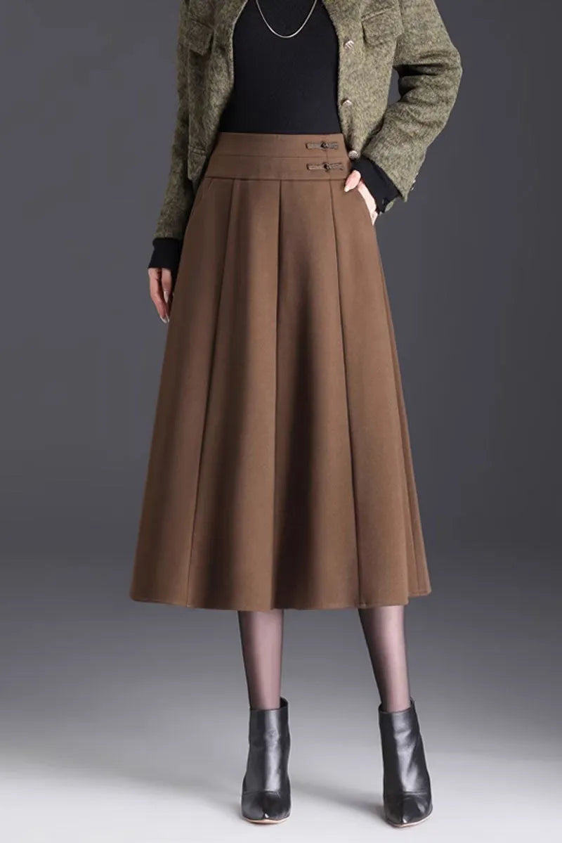 Elegant Brown Wool Skirt – Handmade A-Line Midi, Lined & With Pockets 