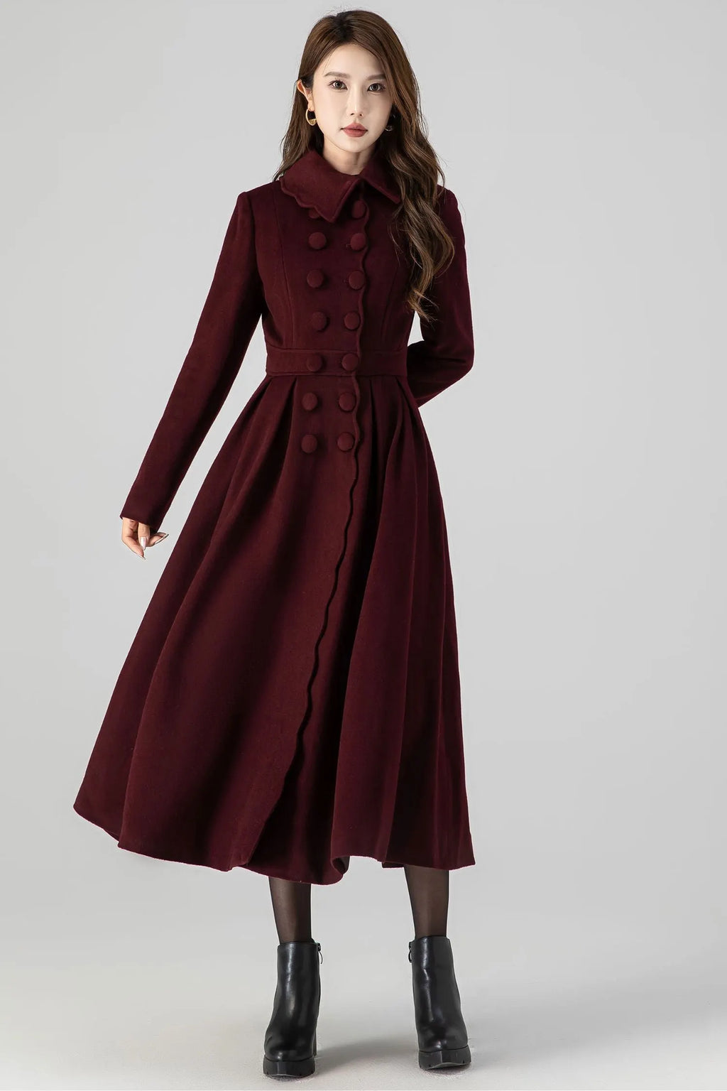Handmade Burgundy Wool Coat – Vintage Princess Winter Maxi Overcoat 4517