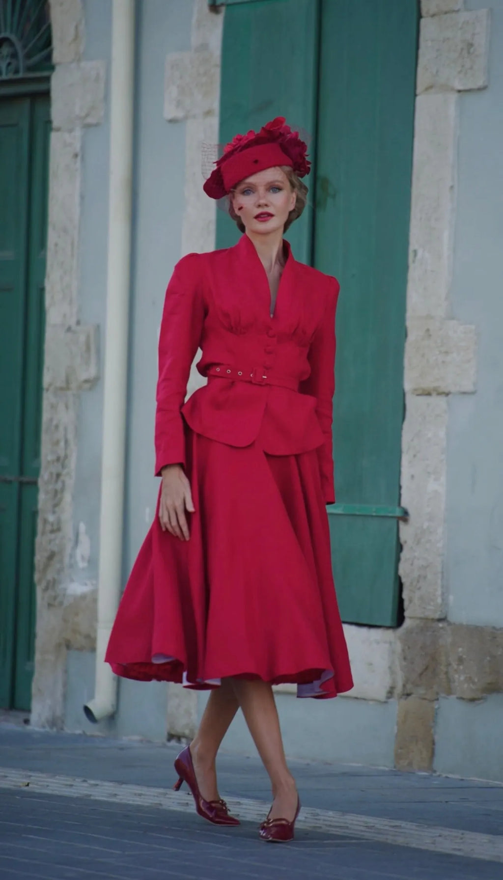 Red Linen V-Neck Blazer and A-Line Midi Skirt - Vintage-Inspired Elegance 6452