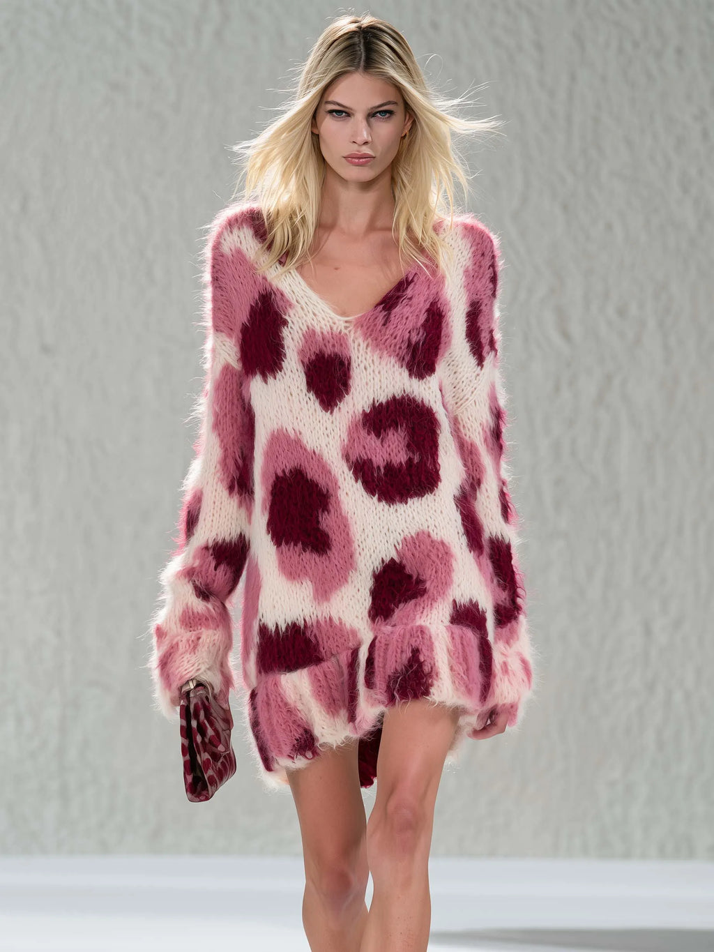 Retro Chic Pink Leopard Fuzzy Knit V-Neck Ruffle Hem Mini Sweater Dress