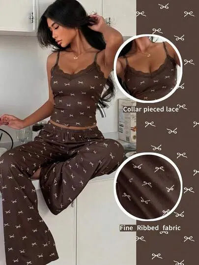 Pink Bow Lace Patchwork Cami Pajama Set
