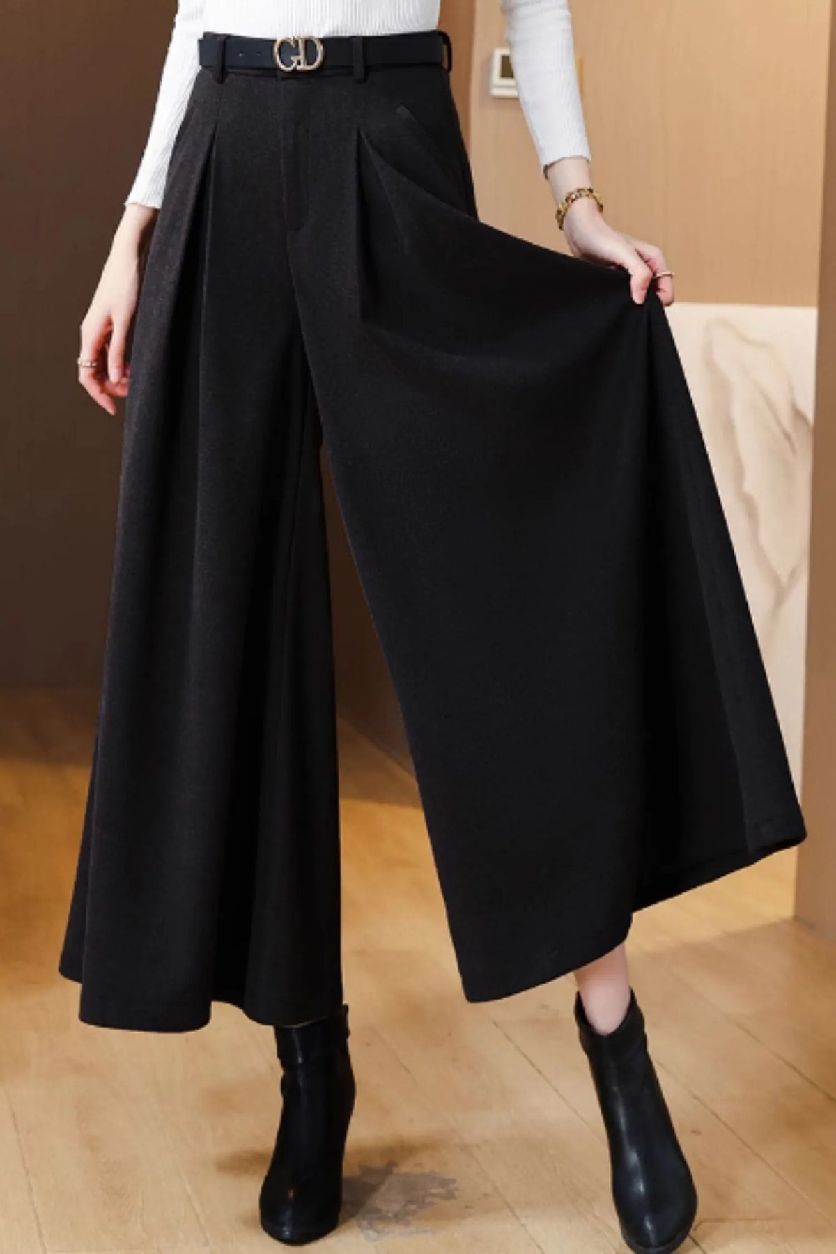 Black Wool Wide Leg Pants - High Waist Relaxed Fit 6372