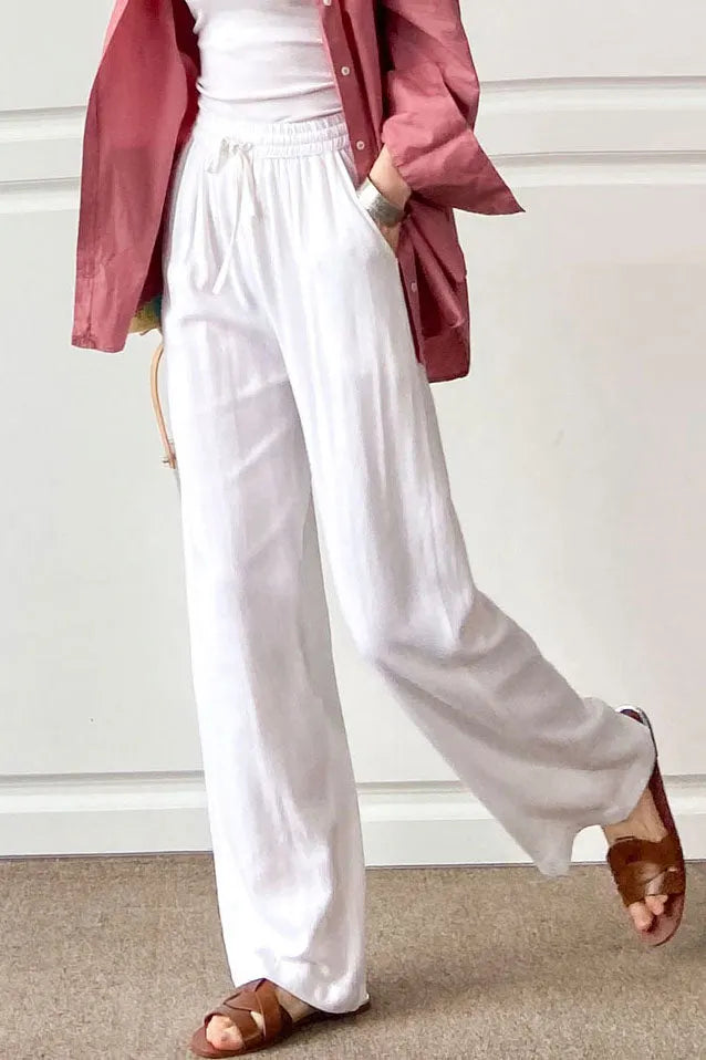 Navy Cotton Linen Wide Leg Pants - Elastic Waist Casual Comfort 3497