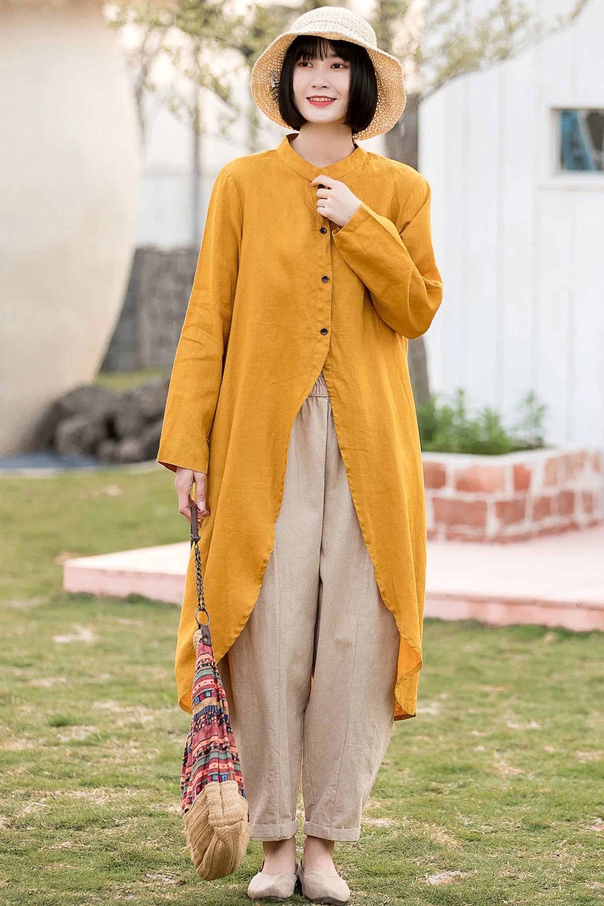Yellow Linen Cotton Shirt Blouse - High Low Hem, Button-Up 2813