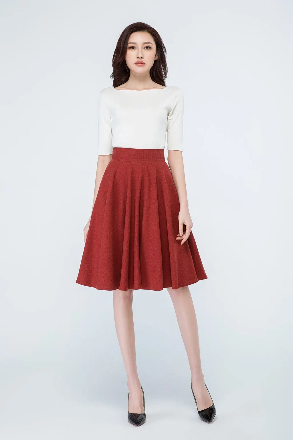 Rust Red Linen Circle Skirt – Vintage 50s High Waist Skater Skirt with Pockets 1689