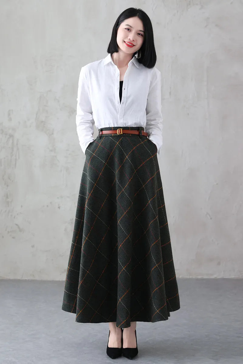 Green Plaid Wool Maxi Skirt – Vintage Swing High Waist Winter Skirt with Pockets 3841