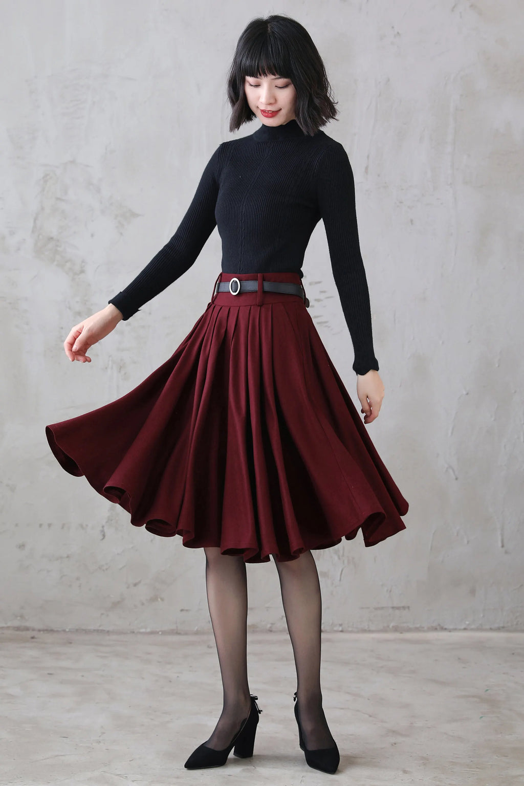 Burgundy Wool Midi Skirt – Vintage High Waist Pleated Circle Skirt 3110