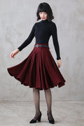Burgundy Wool Midi Skirt – Vintage High Waist Pleated Circle Skirt 3110