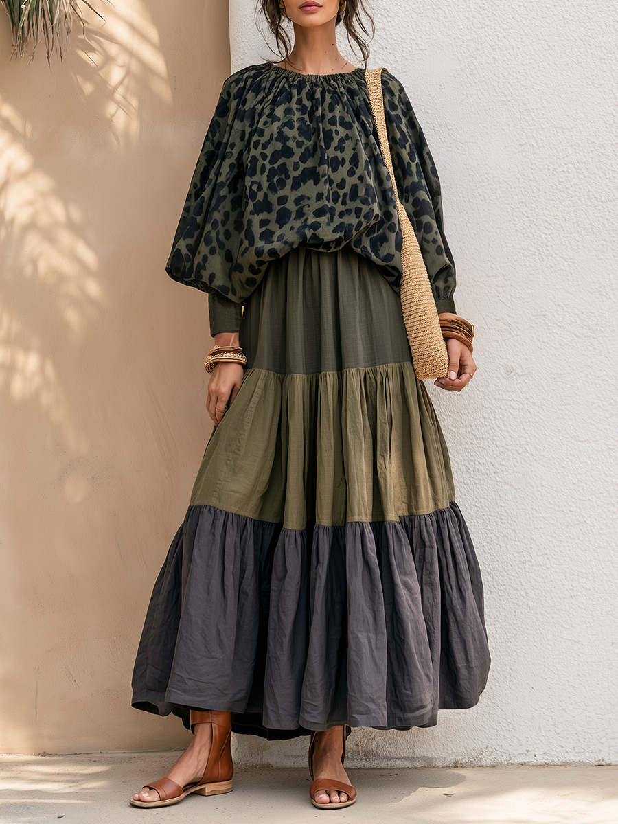 Retro-chic Leopard Print Faux-suede Top And Green Patchwork Cotton-linen Skirt Set