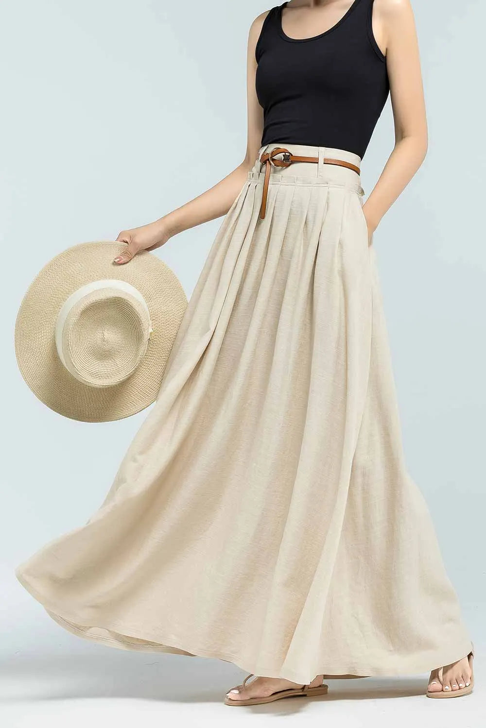 Handmade Linen Maxi Skirt – Beige Pleated Swing Long Skirt with Pockets 