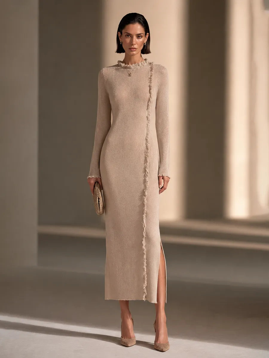 Women's Frayed Trim Elegant Knit Side Slit Maxi Dress MDZ2793H9GMJ