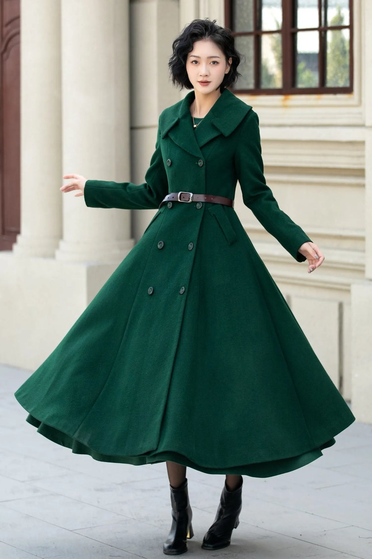 Dark Green Wool Coat - Double Breasted, A-Line Flared Silhouette 5452