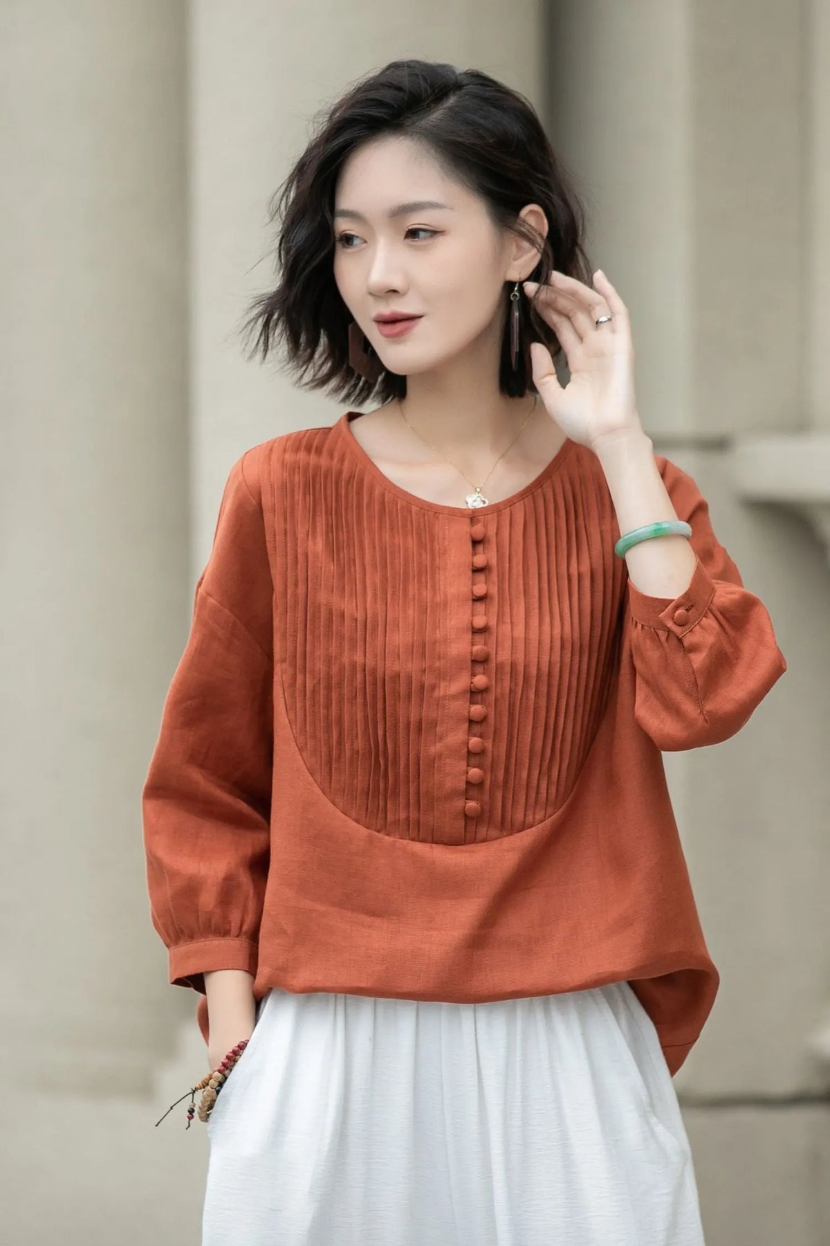 Rust Red Cotton Linen Tunic Top - 3/4 Sleeve Crew Neck 