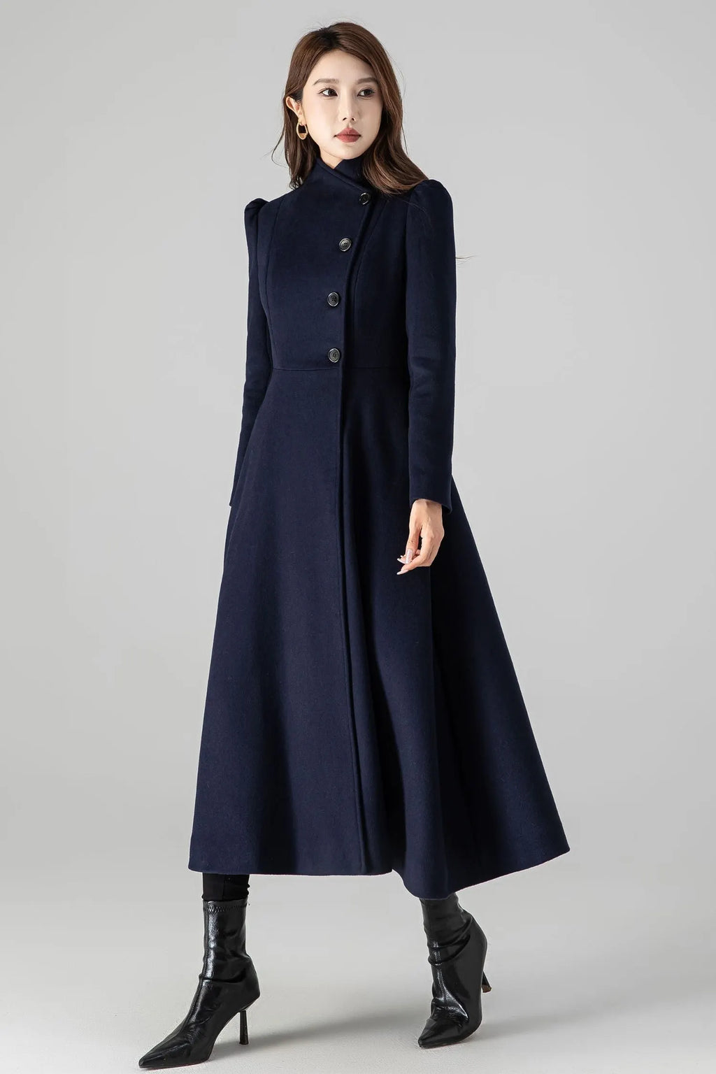 Dark Blue Wool Blend A-Line Coat - Long Silhouette with Pockets 4506
