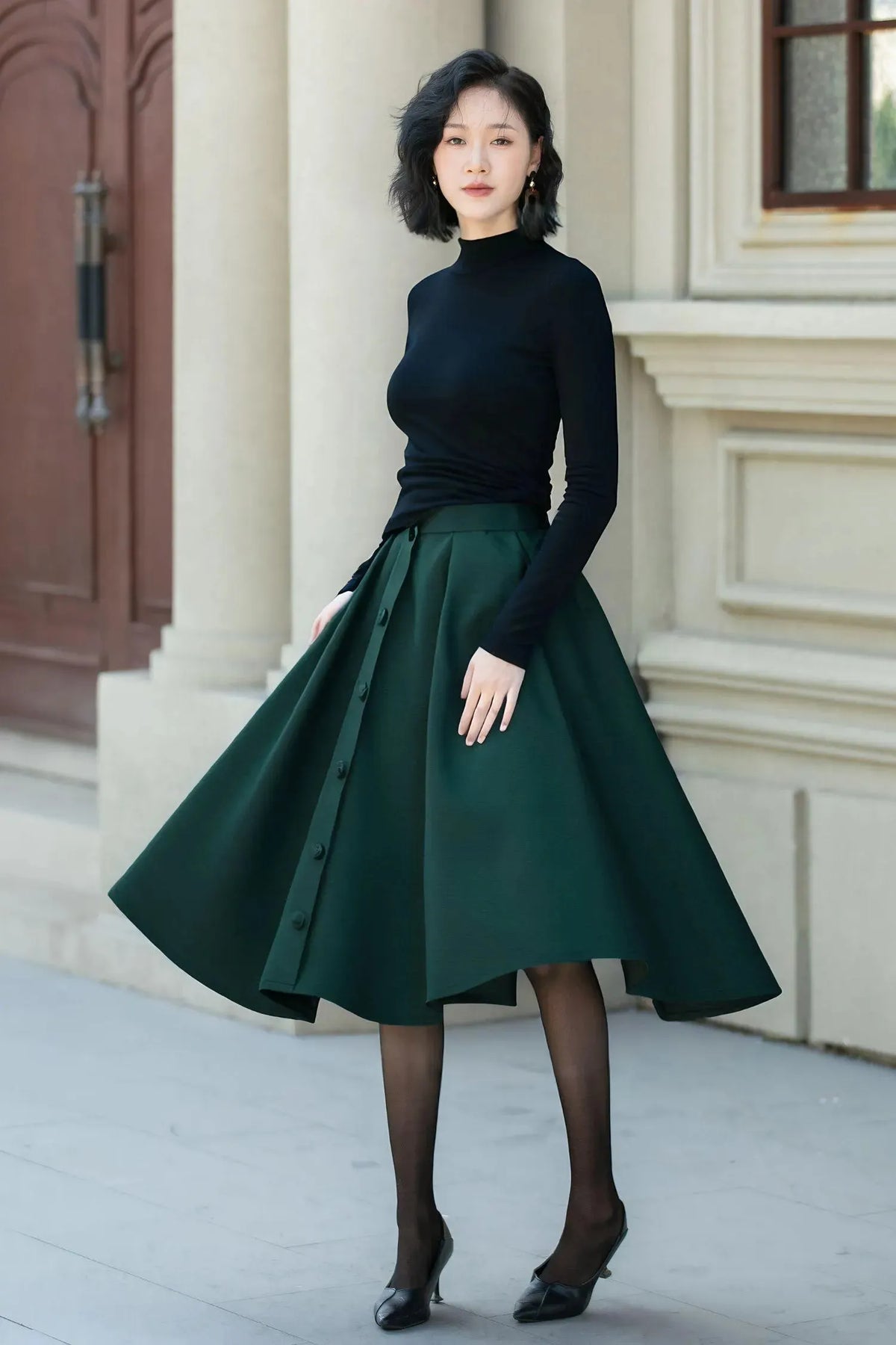 Green Wool Midi Skirt - High-Waisted A-Line with Button Detail 6562