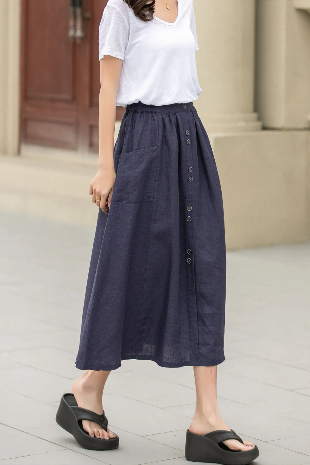 Dark Blue Linen Midi Skirt - Button-Up, Elastic Waistband 4944