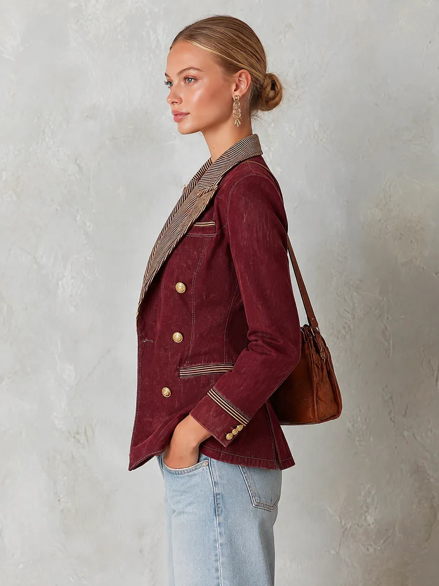 Burgundy Double and Striped Lapels Breasted Blazer