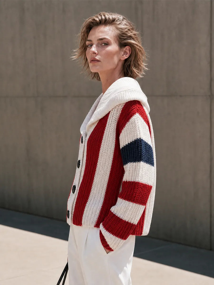 Women's Striped Shawl Collar Red White Navy Cardigan MDZ2734H7YZJ
