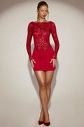 Sheer Lace Boat-Neck Mini Dress in True Red