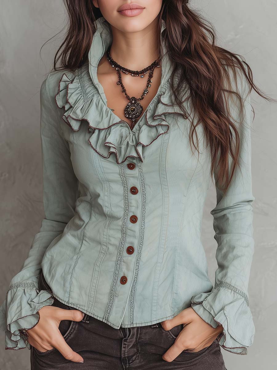 Retro Washed Ruffle Collar Blouse