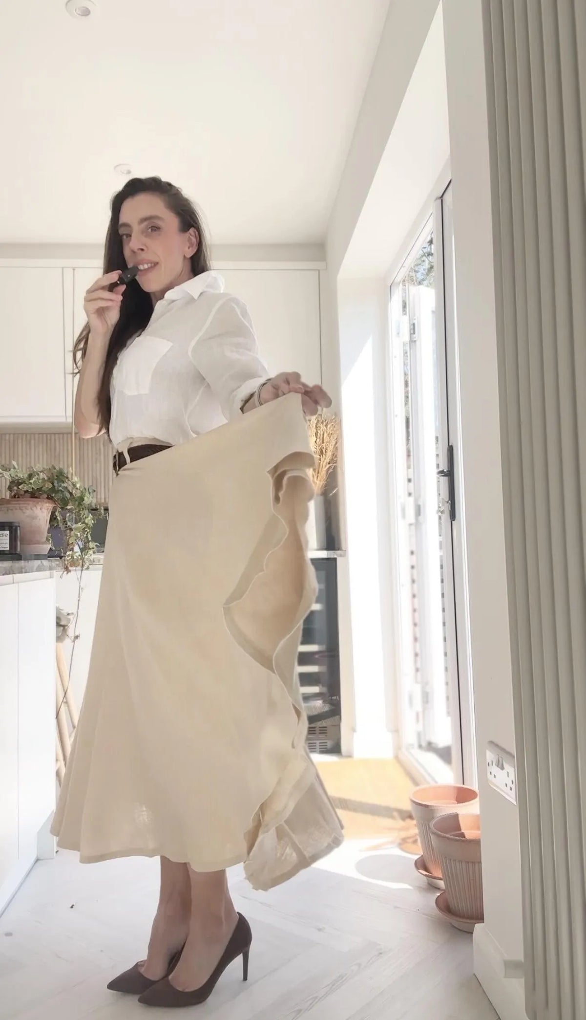 High Waist A-Line Skirt – Linen Cotton Circle Skirt with Pockets 6945