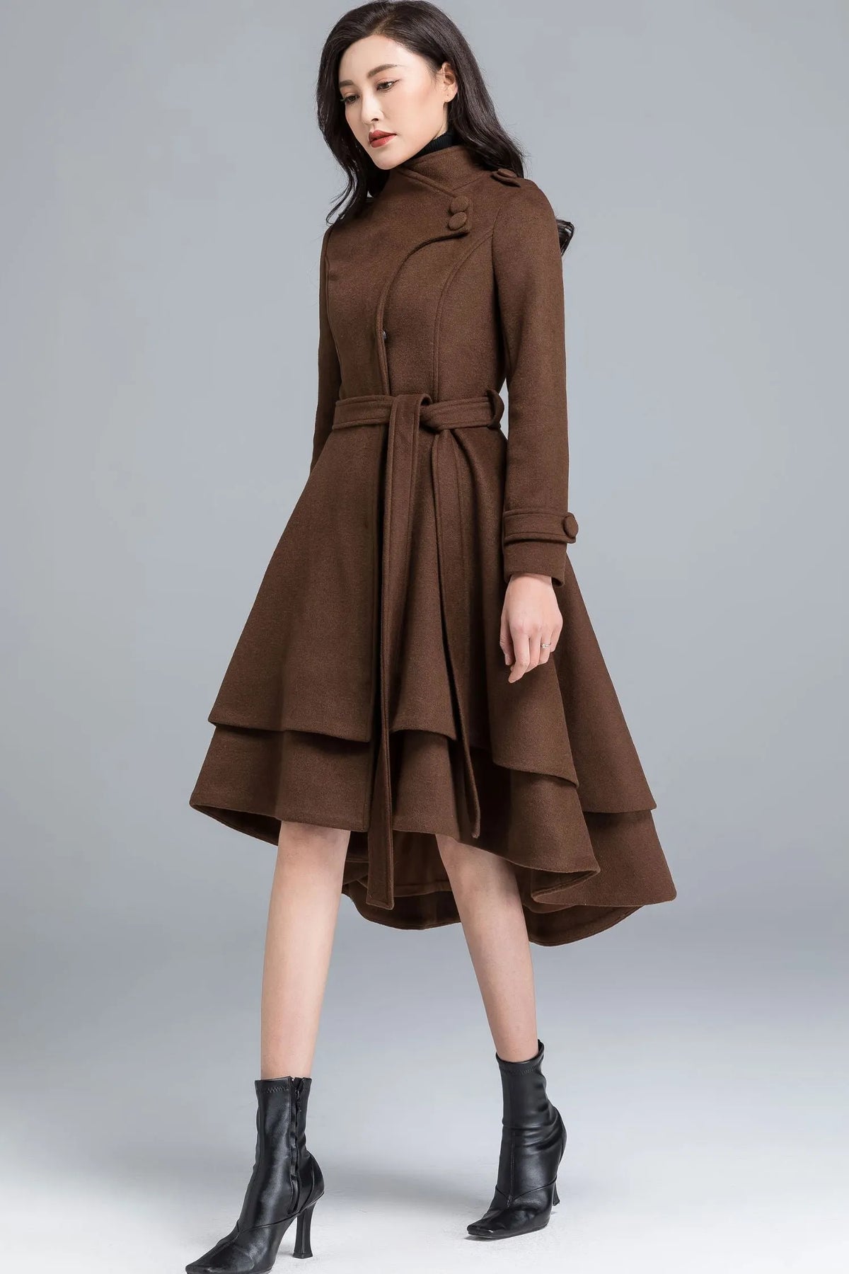Brown Wool Coat - Asymmetrical Tiered Hem with Self Tie Belt c2491