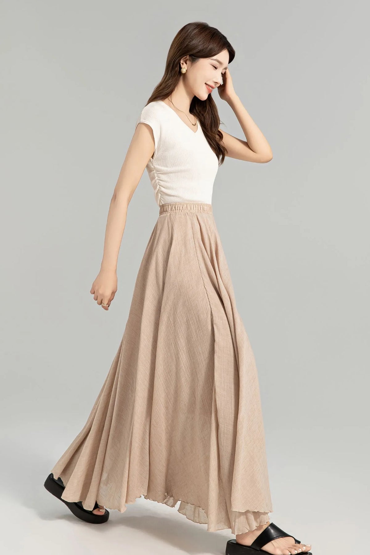 Beige Linen Maxi Skirt - Flowy Circle Silhouette with Elastic Waistband 4959